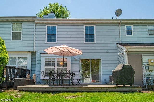 269 Edgeware Ct, Franklin Twp, NJ 08873 - rear view of house with a deck, a chimney, cooling unit, and outdoor dining space