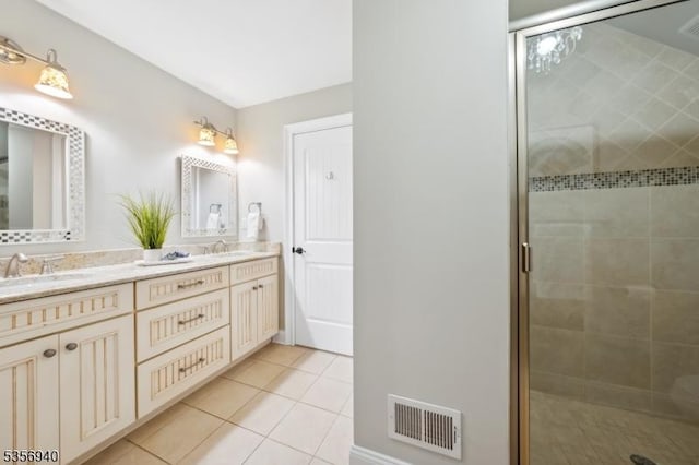28 Handler Ct, Montgomery Twp, NJ 08502 - bathroom featuring tile patterned flooring, a stall shower, and double vanity
