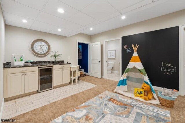 28 Handler Ct, Montgomery Twp, NJ 08502 - game room with wine cooler, bar area, light colored carpet, and recessed lighting
