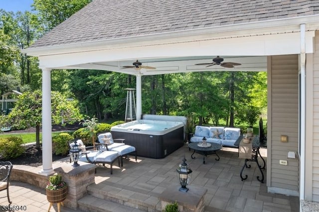 28 Handler Ct, Montgomery Twp, NJ 08502 - view of patio / terrace with a hot tub, ceiling fan, an outdoor hangout area, and view of wooded area