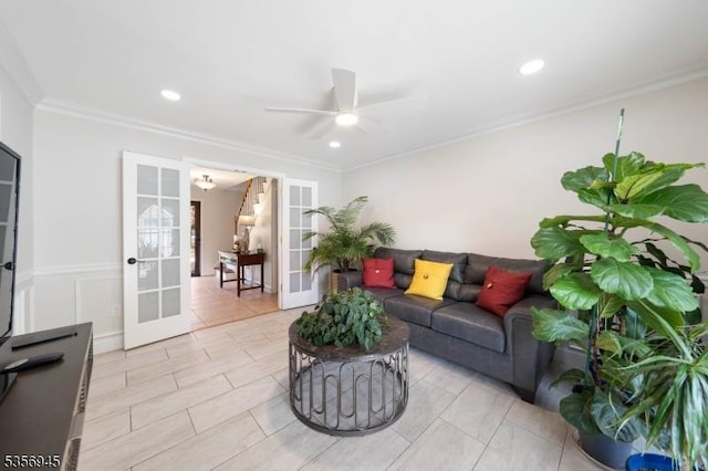 3 Larsen Rd, Franklin Twp, NJ 08873 - living room with french doors, a ceiling fan, recessed lighting, and ornamental molding