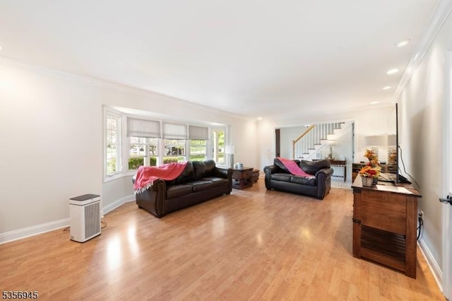 3 Larsen Rd, Franklin Twp, NJ 08873 - living area with stairway, crown molding, light wood finished floors, baseboards, and recessed lighting