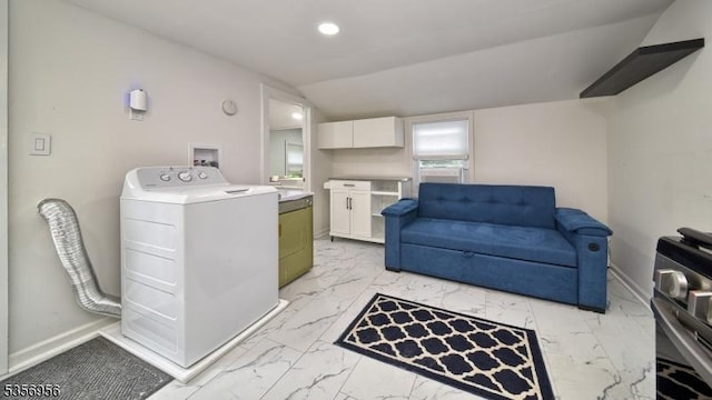 29 Oldham Rd, Wayne Twp, NJ 07470 - laundry room featuring washer / dryer, light marble finish floors, recessed lighting, and baseboards