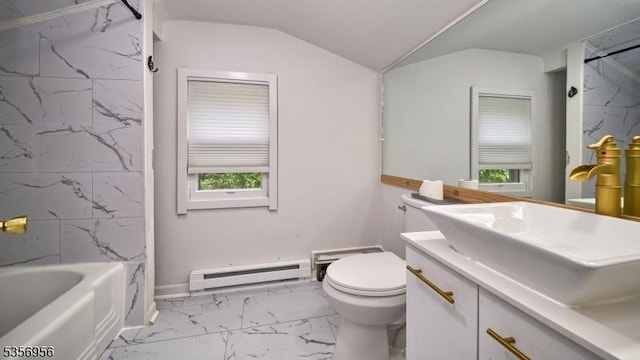 29 Oldham Rd, Wayne Twp, NJ 07470 - full bathroom featuring a baseboard radiator, marble finish floors, vanity, toilet, and lofted ceiling