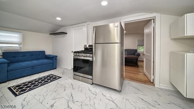 29 Oldham Rd, Wayne Twp, NJ 07470 - kitchen featuring stainless steel appliances, light marble finish flooring, white cabinetry, recessed lighting, and baseboards