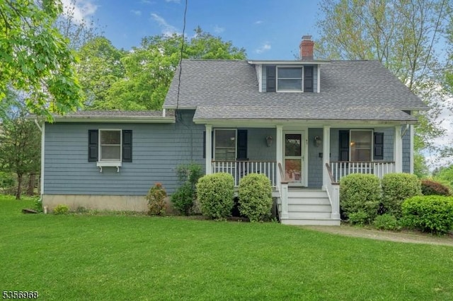 42 Mountain Ave, Mendham Boro, NJ 07945 - cape cod house featuring a chimney, a front yard, a porch, and roof with shingles
