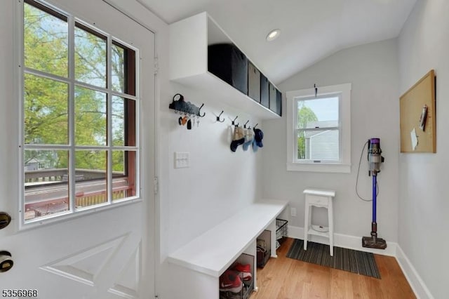 42 Mountain Ave, Mendham Boro, NJ 07945 - mudroom featuring light wood-style floors, vaulted ceiling, baseboards, and recessed lighting