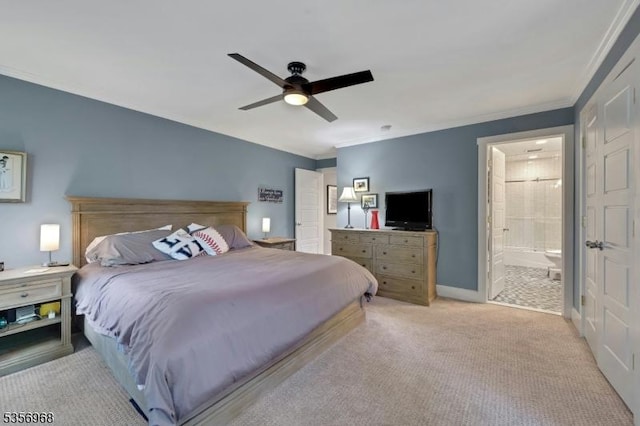 42 Mountain Ave, Mendham Boro, NJ 07945 - bedroom with light colored carpet, ornamental molding, a ceiling fan, connected bathroom, and baseboards