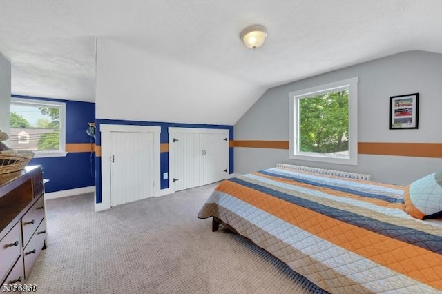 42 Mountain Ave, Mendham Boro, NJ 07945 - bedroom featuring lofted ceiling, baseboards, two closets, and carpet floors