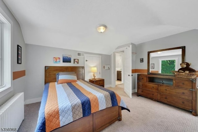 42 Mountain Ave, Mendham Boro, NJ 07945 - bedroom with radiator, light colored carpet, lofted ceiling, and baseboards