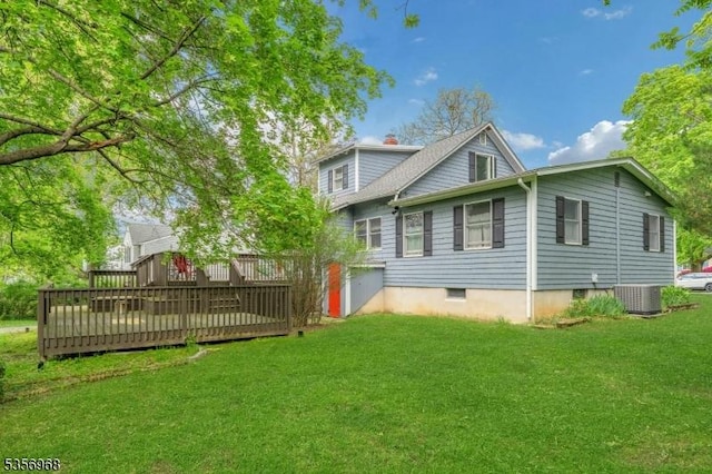 42 Mountain Ave, Mendham Boro, NJ 07945 - back of property featuring a wooden deck, a yard, and central air condition unit