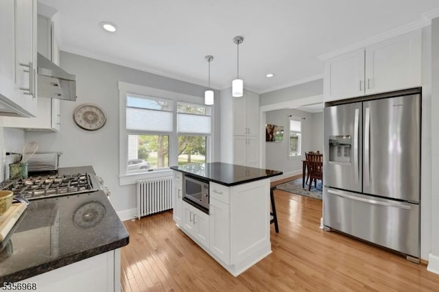 42 Mountain Ave, Mendham Boro, NJ 07945 - kitchen featuring stainless steel appliances, radiator, light wood-style flooring, white cabinets, and baseboards