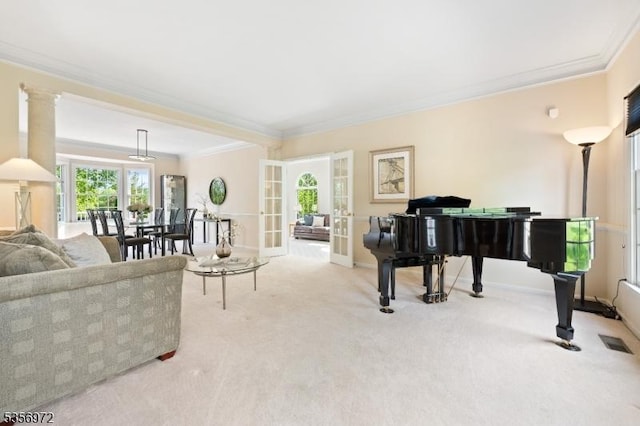 38 Southfield Dr, Montgomery Twp, NJ 08502 - living area featuring french doors, ornamental molding, carpet, and baseboards