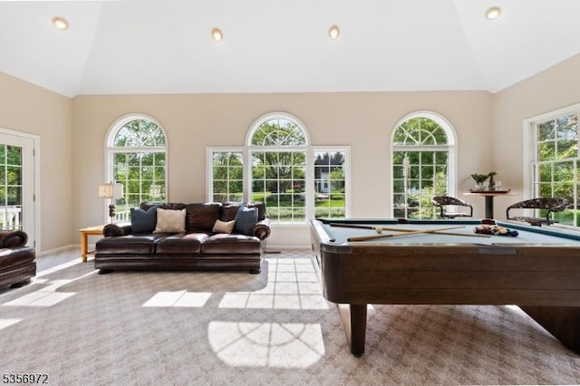 38 Southfield Dr, Montgomery Twp, NJ 08502 - rec room featuring high vaulted ceiling, pool table, plenty of natural light, light colored carpet, and baseboards