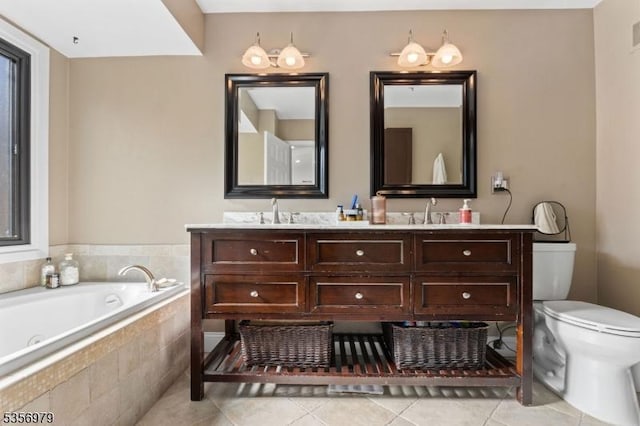 21 Stepping Rdg, North Caldwell Boro, NJ 07006 - full bath with a garden tub, tile patterned floors, toilet, and double vanity