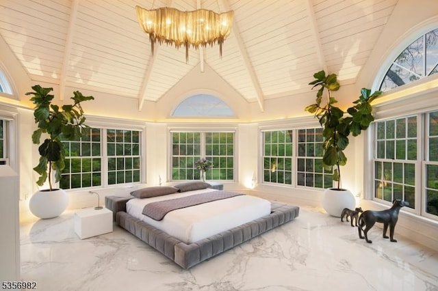11 Kerby Ln, Mendham Boro, NJ 07945 - bedroom featuring marble tiled floors, a chandelier, high vaulted ceiling, and beam ceiling