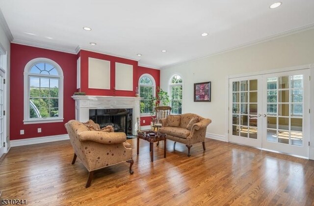 living area featuring crown molding, a premium fireplace, wood finished floors, french doors, and healthy amount of natural light