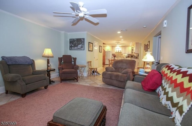 45 Linwood Ave, Dover Town, NJ 07801 - living room featuring light tile patterned flooring, ornamental molding, a ceiling fan, baseboards, and recessed lighting