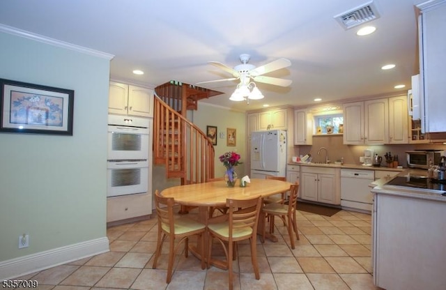 45 Linwood Ave, Dover Town, NJ 07801 - dining room featuring stairs, a ceiling fan, recessed lighting, light tile patterned floors, and ornamental molding