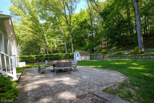 45 Linwood Ave, Dover Town, NJ 07801 - view of patio / terrace featuring a storage unit, an outbuilding, and view of wooded area