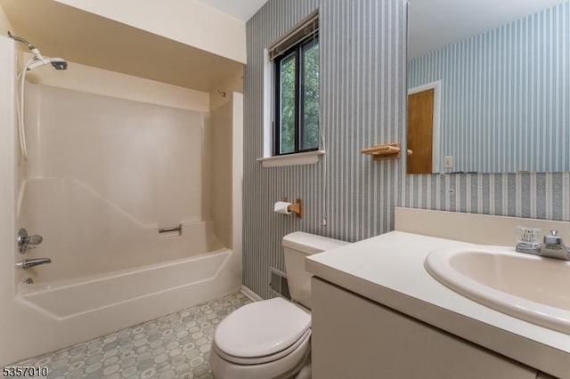 60 Dewey Ave, High Bridge Boro, NJ 08829 - full bathroom with wallpapered walls, vanity, toilet, and shower / tub combination