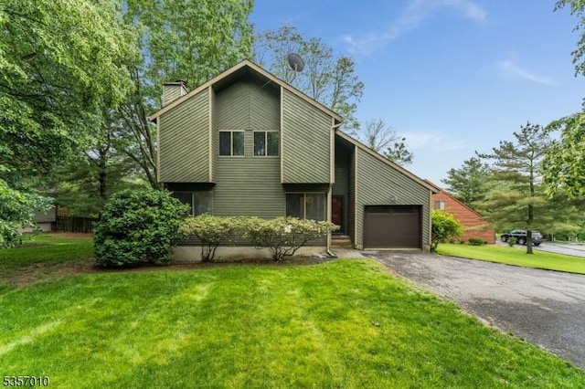 60 Dewey Ave, High Bridge Boro, NJ 08829 - mid-century home featuring driveway, a chimney, a front yard, and a garage