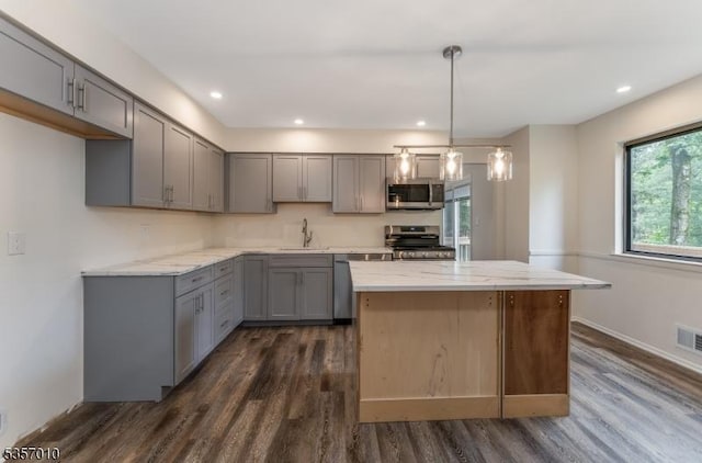 60 Dewey Ave, High Bridge Boro, NJ 08829 - kitchen featuring gray cabinets, stainless steel appliances, a sink, dark wood-style flooring, and a center island