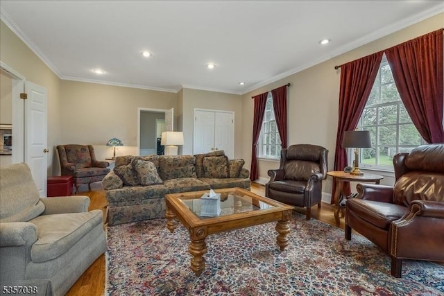 16 Dorset Ln, Andover Twp, NJ 07848 - living room with wood finished floors, plenty of natural light, recessed lighting, and ornamental molding