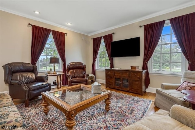 16 Dorset Ln, Andover Twp, NJ 07848 - living room with plenty of natural light, wood finished floors, ornamental molding, baseboards, and recessed lighting