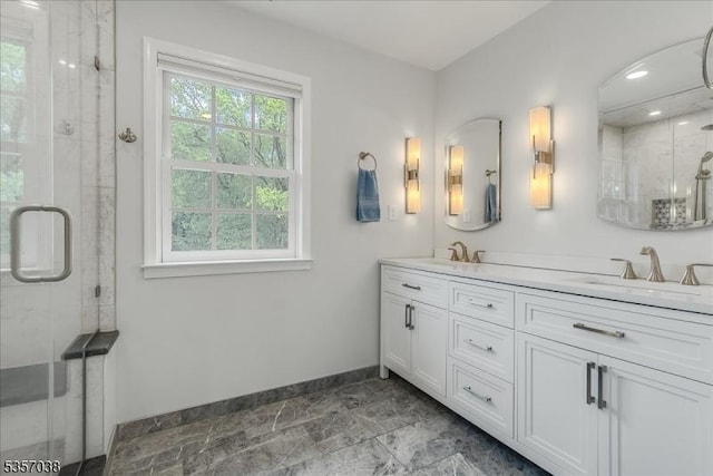 16 Dorset Ln, Andover Twp, NJ 07848 - full bath with baseboards, double vanity, a stall shower, and recessed lighting