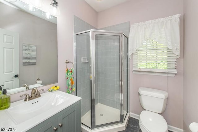 4 Ramsey Ct, Frelinghuysen Twp, NJ 07860 - full bath featuring toilet, vanity, a shower stall, and baseboards