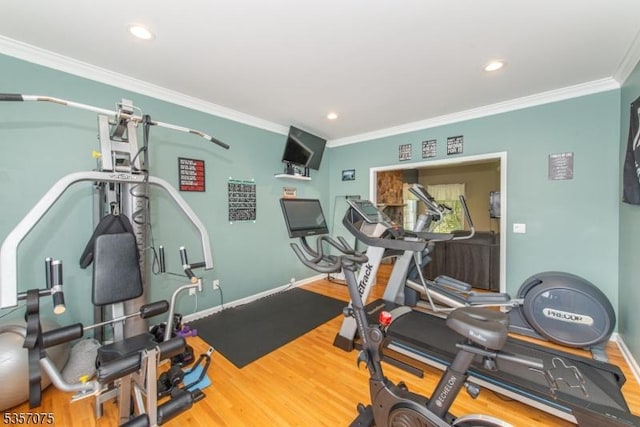 4 Ramsey Ct, Frelinghuysen Twp, NJ 07860 - exercise area featuring crown molding, baseboards, wood finished floors, and recessed lighting