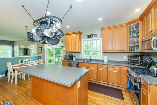 4 Ramsey Ct, Frelinghuysen Twp, NJ 07860 - kitchen with appliances with stainless steel finishes, a sink, a kitchen island, light wood-type flooring, and recessed lighting