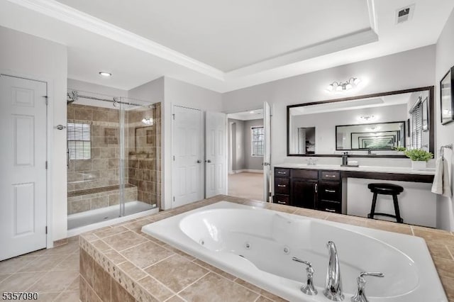 4 Frey Rd, Hillsborough Twp, NJ 08844 - bathroom featuring a shower stall, a tub with jets, vanity, tile patterned flooring, and crown molding