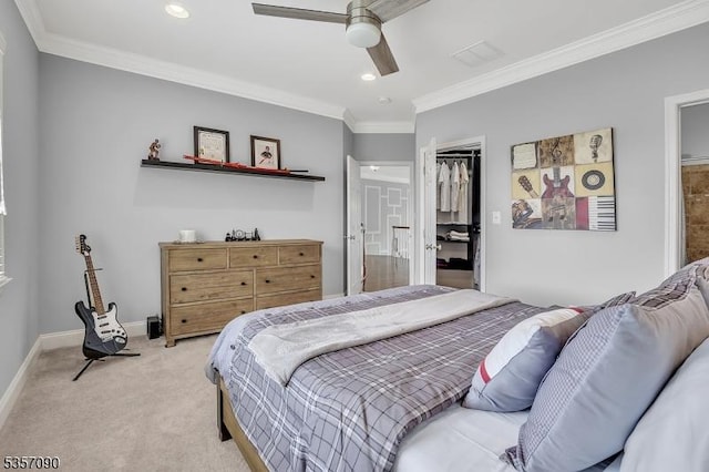 4 Frey Rd, Hillsborough Twp, NJ 08844 - bedroom with light colored carpet, crown molding, baseboards, recessed lighting, and a ceiling fan