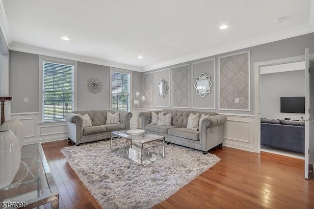 4 Frey Rd, Hillsborough Twp, NJ 08844 - living room with ornamental molding, a decorative wall, hardwood / wood-style floors, and a wainscoted wall