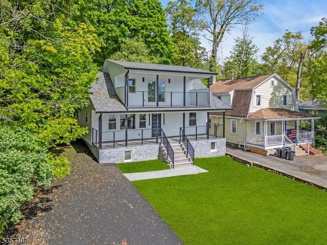 162 Lakeside Blvd, Hopatcong Boro, NJ 07843 - back of house with a balcony, a lawn, a porch, stairs, and roof with shingles