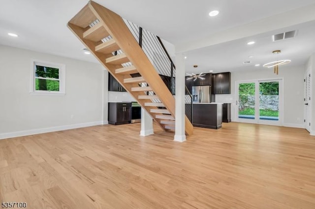 162 Lakeside Blvd, Hopatcong Boro, NJ 07843 - unfurnished living room with light wood-style flooring, stairs, baseboards, and recessed lighting