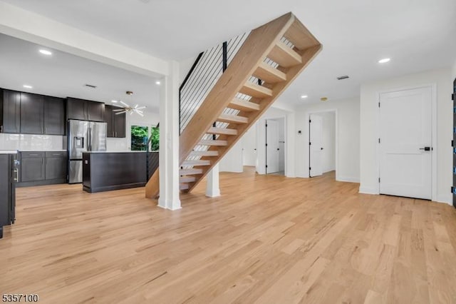 162 Lakeside Blvd, Hopatcong Boro, NJ 07843 - unfurnished living room featuring recessed lighting, stairs, light wood finished floors, ceiling fan, and baseboards