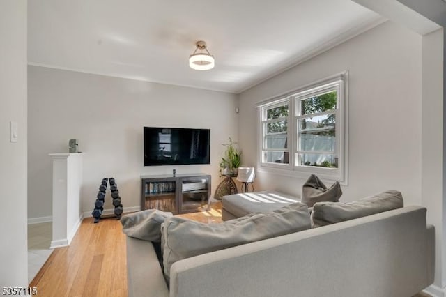 living area with light wood-type flooring and baseboards
