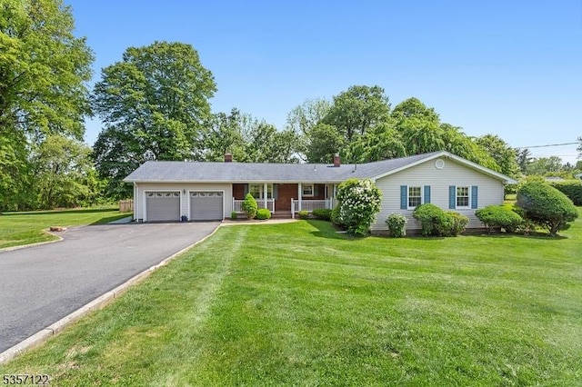 12 Glory Rd, Clinton Twp, NJ 08833 - ranch-style home with a garage, asphalt driveway, a front yard, and a chimney