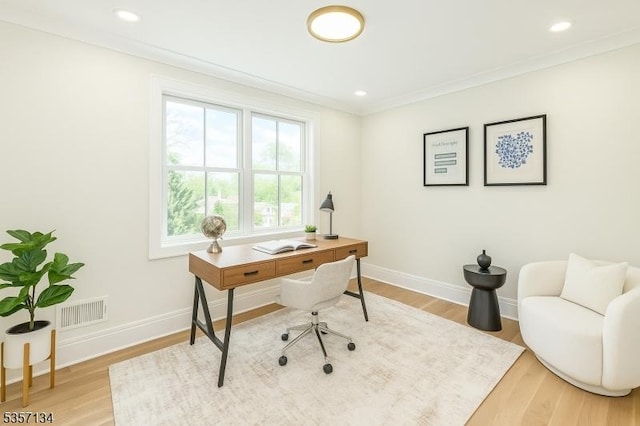 157 Meyersville Rd, Chatham Twp, NJ 07928 - office with light wood-type flooring, baseboards, and crown molding