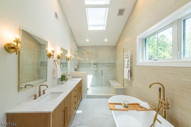 157 Meyersville Rd, Chatham Twp, NJ 07928 - full bathroom with a stall shower, double vanity, marble finish floors, a soaking tub, and vaulted ceiling