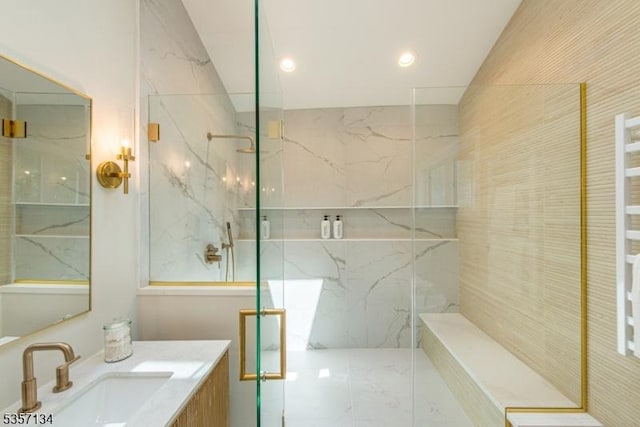 157 Meyersville Rd, Chatham Twp, NJ 07928 - bathroom featuring a marble finish shower, vanity, marble finish flooring, and recessed lighting