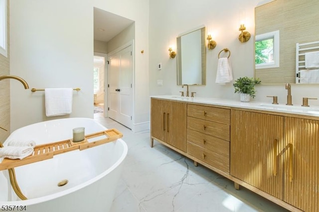 157 Meyersville Rd, Chatham Twp, NJ 07928 - bathroom featuring a freestanding bath, double vanity, and marble finish flooring
