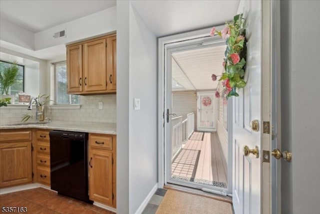 48 Spruce Ct, Bedminster Twp, NJ 07921 - kitchen featuring dishwasher, a sink, backsplash, baseboards, and dark tile patterned flooring