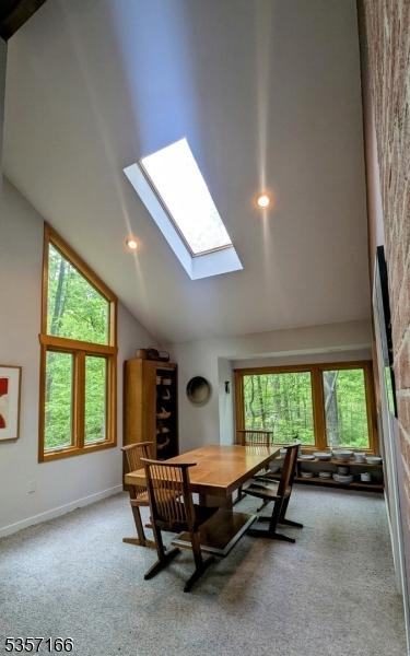 15 Pschorn Ln, Hillsborough Twp, NJ 08844 - dining space featuring high vaulted ceiling, carpet floors, and a skylight