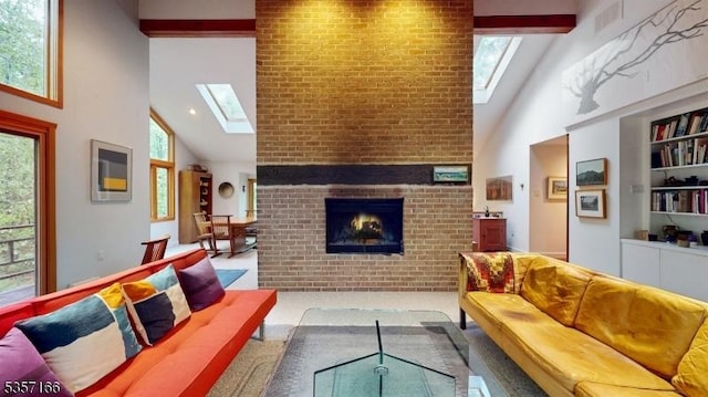 15 Pschorn Ln, Hillsborough Twp, NJ 08844 - living room featuring a skylight, high vaulted ceiling, a brick fireplace, beam ceiling, and built in shelves