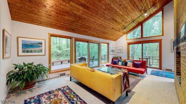 15 Pschorn Ln, Hillsborough Twp, NJ 08844 - carpeted living area featuring a brick fireplace, wood ceiling, high vaulted ceiling, and baseboards