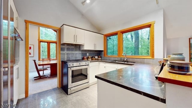 15 Pschorn Ln, Hillsborough Twp, NJ 08844 - kitchen featuring stainless steel gas range, a sink, vaulted ceiling, white cabinets, and a peninsula